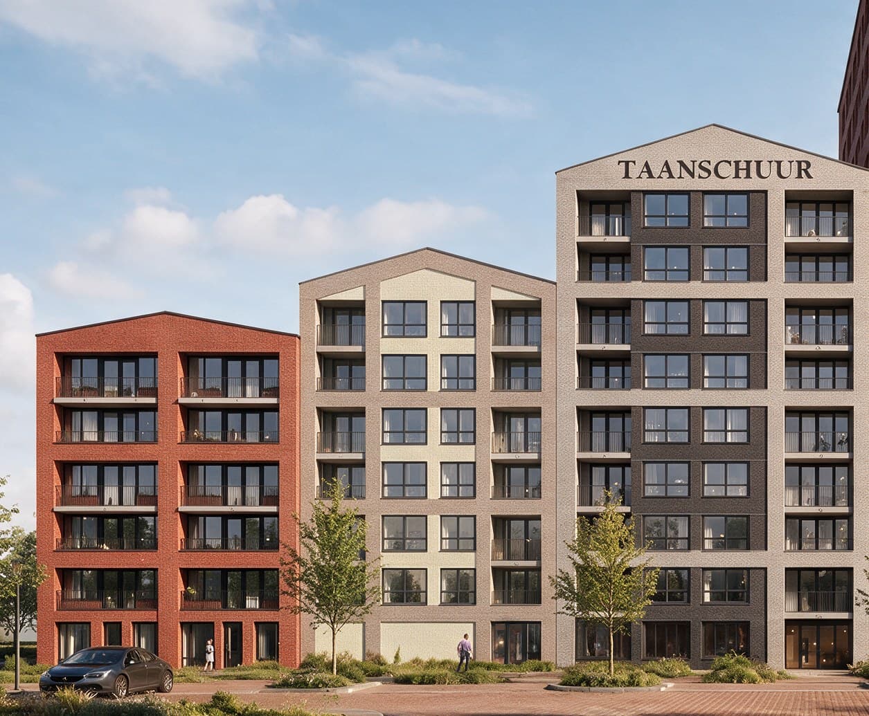 Voorgevel van Taanschuurkade (torens 5, 4 en 3) met alle veertig woningen